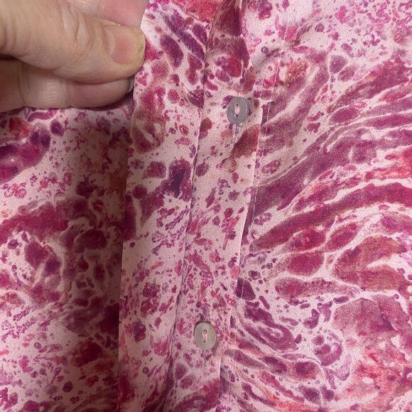 Zara Womens Size L Pink Abstract Print Button-Up Blouse Long Bell Sleeves Lightw - Picture 6 of 10